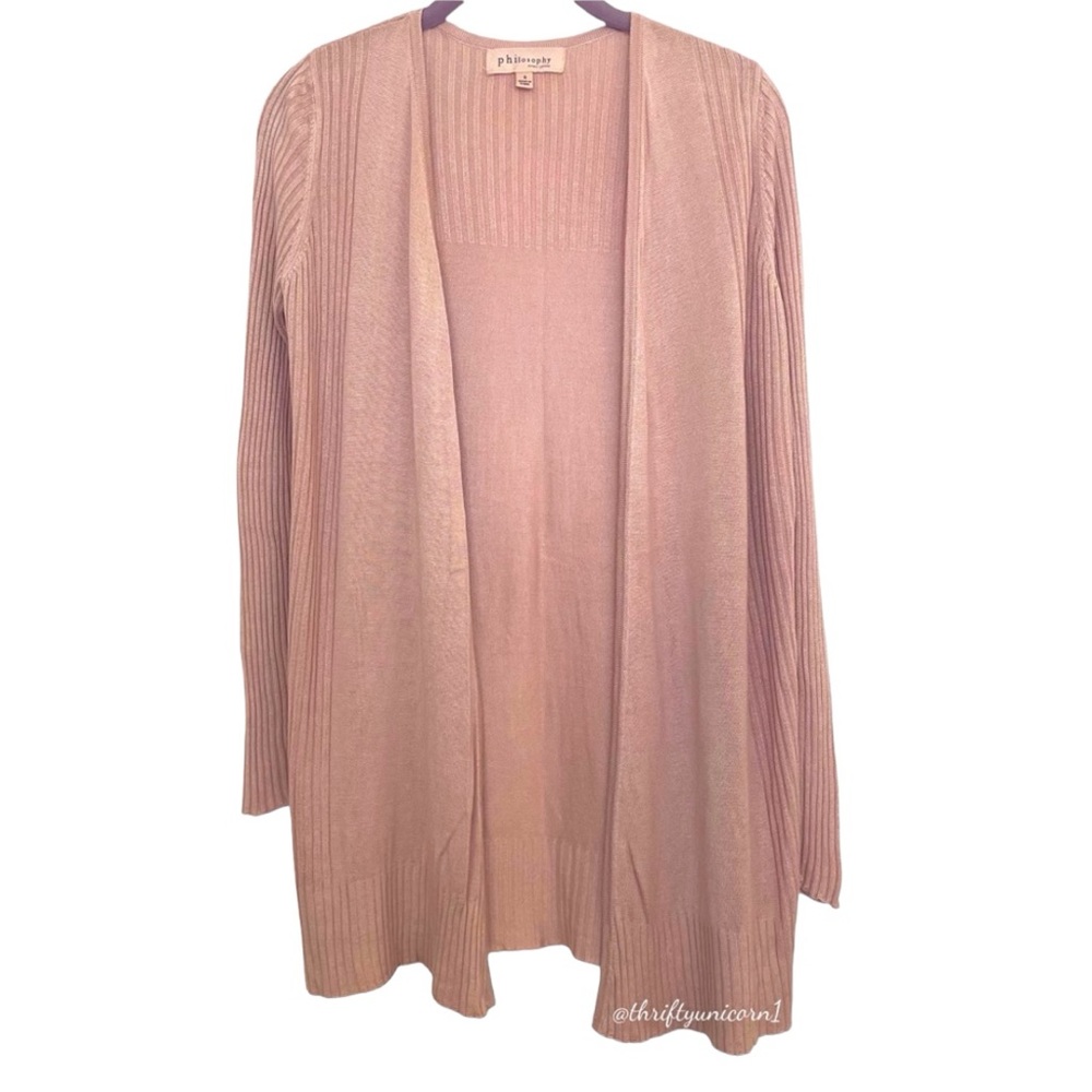 🫶 Philosophy Ribbed Trim Lightweight Blush Pink Open Front Cardigan Small - Picture 3 of 8